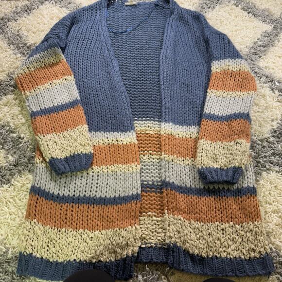 hem thread S Cardigan Knit Sweater Open Blue Gray Senna Beige Color Block - Picture 2 of 5